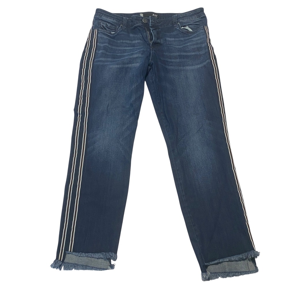 Kut from the Kloth Reese Ankle Straight Leg Jeans Side Stripe Raw Hem Size 12